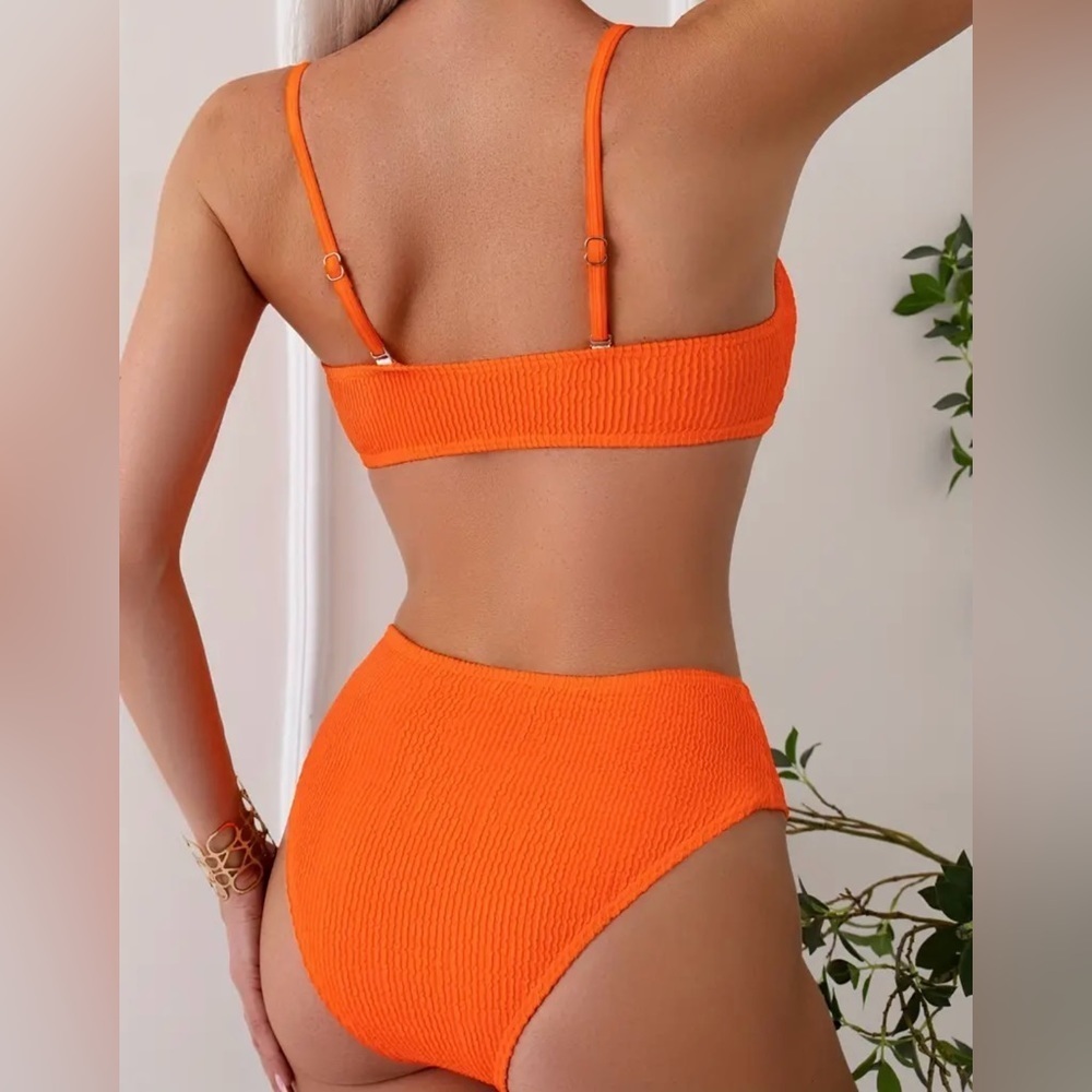 Orange Rib Knit Bandeau High Waist Bikini Set - Picture 2 of 9